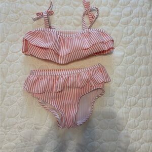 Ruffle Butts Girls’ Pink and White Striped Searsucker Ruffle Bikini